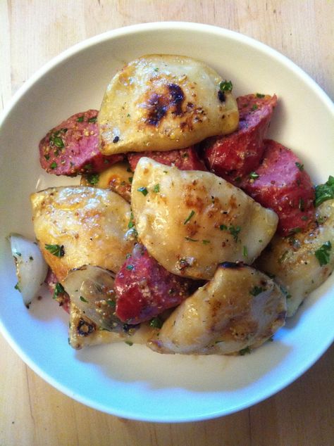 Mennonite Sausage Recipes, Grilled Perogies, Farmers Sausage Meals, Recipes With Farmer Sausage, Farmers Sausage Recipes, Sausage And Perogies, Farmer Sausage Recipes, Perogies And Sausage, Cabin Treats