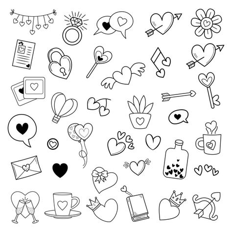 Love doodle vector set. Cute Valentines Doodles Easy, Cute Drawings Simple Doodles Love, Cute Heart Doodles Aesthetic, Small Cute Doodles Aesthetic, Cute Small Love Drawings, Vday Doodles, Valentine's Day Doodles, Simple Doodles Love, Girly Doodles Easy