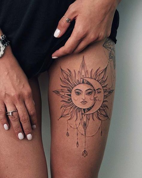 Thigh Tattoos, Tattoo Inspiration, Cat Tattoos, Tigh Tattoo, Hip Thigh Tattoos, Inspiration Tattoos, Sun Tattoos, Geniale Tattoos, Leg Tattoos Women