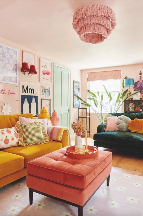 Lavender And Blue Living Room, Boho Funky Living Room, Salmon Couch Living Rooms, Neutral With Pop Of Color Aesthetic, World Market Living Room, Pink And Red Home Decor, Pink And Green Home Decor, Clean Maximalism, No Tv Living Room