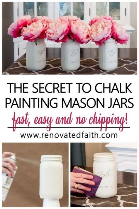 The EASIEST way to paint DIY mason jar crafts for centerpieces, home décor or baby showers in white, pastels or any color you choose. This DIY tutorial shows you how to paint mason jars with the best chalk spray paint & how to paint lids so they look rusty. Whether on a bathroom shelf or as a vase with flowers, vintage, distressed mason jars are a great addition to rustic farmhouse décor. Add glitter or gold paint for shower & wedding ideas. Spray Painting Glass, Spray Paint Mason Jars, Paint Mason Jars, Easy Mason Jar Crafts Diy, Diy Mason Jar Crafts, Tinted Mason Jars, Jars Decoration Ideas, Chalk Spray Paint, Easy Mason Jar Crafts