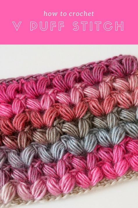 Crochet V Puff Stitch - B.hooked Crochet | Knitting | Podcast V Puff Stitch, V Stitch Crochet, Puff Stitch Crochet, Crochet Knit Stitches, Crochet Stitches For Beginners, Tutorial Crochet, Puff Stitch, Stitch Crochet, Crochet Stitches Tutorial