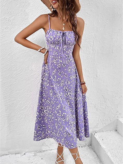 BROVAVE Women's 2023 Summer Dress Floral Print Spaghetti Strap Square Neck Tie Front Smocked Midi Dress Beach Sun Dress Spaghetti Strap Midi Dress, Strap Midi Dress, Underbust Corset, Flowing Skirt, Cute Summer Dresses, Peasant Dress, Floral Dress Summer, Sun Dress, Matching Dresses