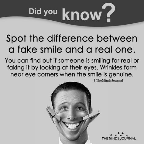 Spot The Difference Between A Fake Smile And A Real One - https://themindsjournal.com/spot-the-difference-between-a-fake-smile-and-a-real-one/ Physcology Facts, Psychological Tricks, Facts About Humans, Human Psychology, The Minds Journal, Minds Journal, Psychology Says, Spot The Difference, Love Your Enemies