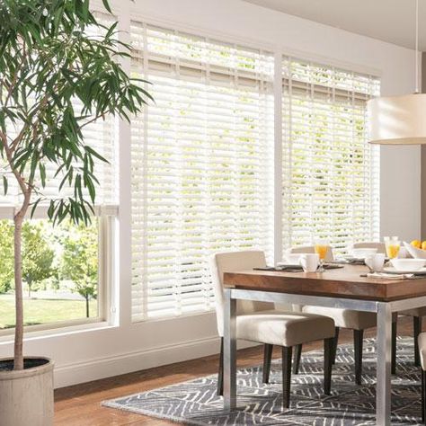 Large-louver blinds give windows a shutter style look and a clearer view out through slats. White Wood Blinds, Blinds For Large Windows, Faux Blinds, Blinds For French Doors, Farmhouse Living Room Curtains, Bali Blinds, Cordless Blinds, White Blinds, Modern Blinds