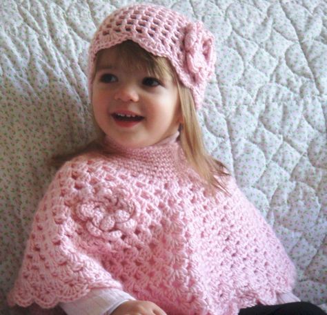 Pink Baby Poncho and Hat Little Girls Poncho Set by Crocheted4Kids Crochet Poncho Patterns Kids, Toddler Poncho, Crochet Baby Poncho, Knitting Poncho, Girls Poncho, Baby Poncho, Crochet Poncho Free Pattern, Kids Poncho, Crochet Toddler