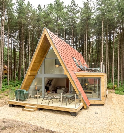 Liz's Lodge, a modern A-Frame house in Norfolk woodland Cosy Beach House, Home Library Decor, Guest House Plans, Diy Living Room Furniture, Coastal Village, House Exterior Color Schemes, Outdoor Stone, Backyard Pool Landscaping, Frame House