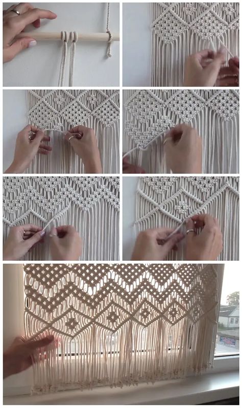 How to Macrame Window Curtain? - CSHEB Macrame Headboard Diy, Macrame Curtain Diy, Simple Macrame Wall Hanging, Window Valance Diy, Macrame Window, Macrame Window Curtain, Diy Valance, Valance Patterns, How To Macrame