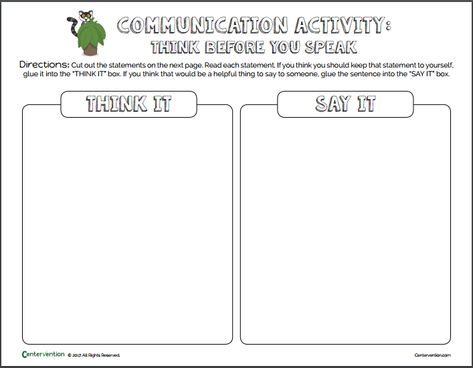 think it vs say it worksheet Think It Or Say It Activities, Think Before You Speak Activities, Think It Or Say It, Expressive Therapy, Communication Activities, Flexible Thinking, Middle School Activities, Behavior Supports, Think Before You Speak