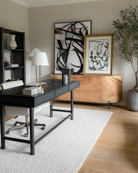 Modern masculine office decor featuring this new Amazon rug in ivory! The larger art is 54x40 and the smaller print is printed to 30x40 in a vintage frame but linked similar 🥰 Modern Masculine Office, Masculine Office Decor, Indoor Olive Tree, Masculine Office, Artificial Olive Tree, In Home Office, Office Decor Home, Modern Office Design, Faux Tree