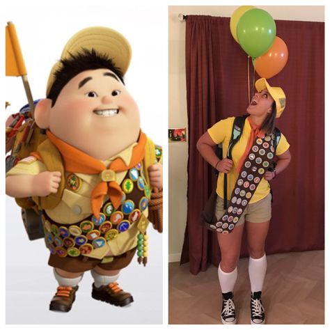 Halloween Costume Russell From Up, Russell And Doug Up Costume, Russell Up Costume Women, Aesthetic Disney Costumes, Russell Halloween Costume, Pixar Movie Costumes, Up Outfit Disney, Russel Halloween Costume, Cartoon Character Dress Up Ideas