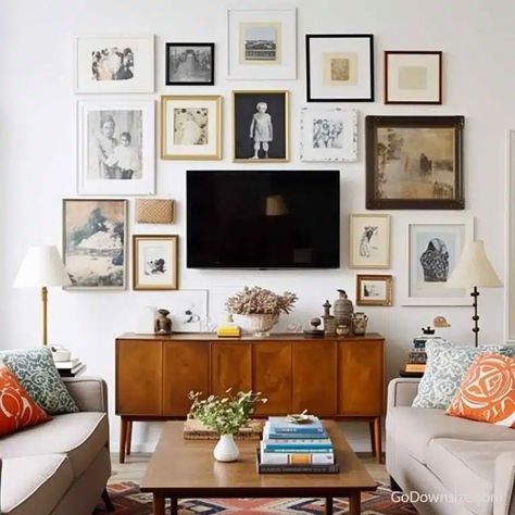 This living room features a focal TV flanked by a curated gallery wall of artworks or photographs, and complemented by a timeless walnut sideboard and strategically placed floor lamps. Modern Living, Tv And Console Table, Cozy Mid Century Modern, Cozy Mid Century Modern Living Room, Cozy Mid Century, Tv Wall Decor, Mid Century Modern Living, Mid Century Modern Living Room, Tv Wall