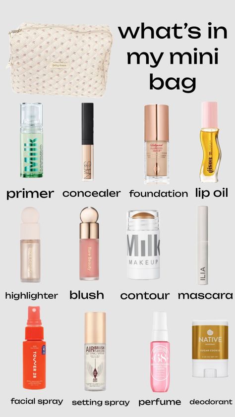 all of these are a mini size except for the lip oil #makeup #minimakeup #minibag Mini Makeup Products, Mini Makeup Kit, Travel Minis, School Finds, Mini Makeup Bag, Makeup Images, Backpack Essentials, Eye Makeup Pictures, Hot Makeup