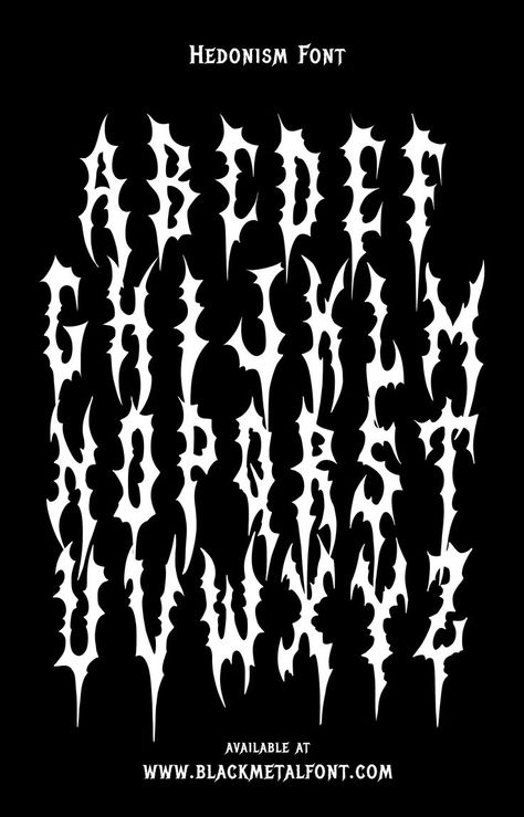 Hedonism Font Alphabet by blackmetalfont.com Goth Fonts Alphabet, Punk Lettering Fonts, Y2k Typography Alphabet, Edgy Fonts Alphabet, Cool Typography Alphabet, Alt Fonts, Metal Fonts Alphabet, Metal Font Tattoo, Letras Dark