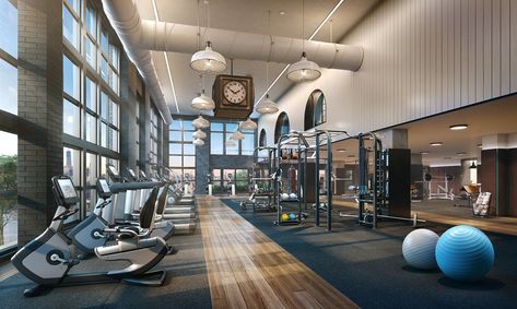 The 15 best gyms in NYC residential buildings | 6sqft Apartment Gym, Gym Lighting, Dream Home Gym, Brooklyn Street, Street Building, Gym Facilities, Hotel Gym, Indoor Gym, Gym Interior