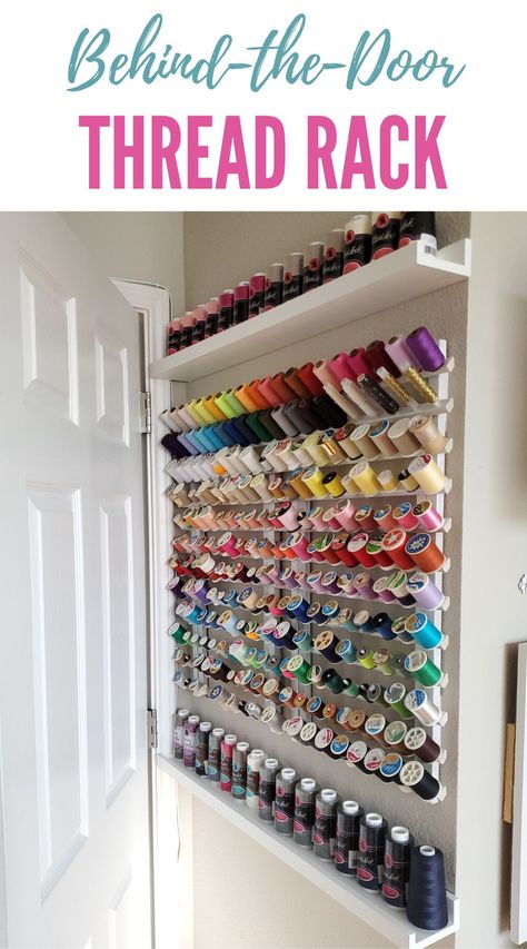 This cute behind-the-door thread rack is a great way to organize sewing threads. It holds 240 spools on the rack, and the two shelves each hold 15 serger thread cones. Efficient thread and serger thread organization idea! Thread Spool Organization, Couture, Organisation, Thread Rack Ideas, Thread Stand Diy Ideas, Thread Rack Diy, Diy Thread Rack, Serger Thread Storage Ideas, Sewing Thread Organization