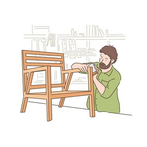 A carpenter is making a chair. hand drawn style vector design illustrations. Croquis, Carpenter Drawing, Carpenter Illustration, Workshop Illustration, Drawing Creative Ideas, Doodle Techniques, Easy Drawing Ideas For Beginners, Wooden Frame Sofa, Circle Drawing