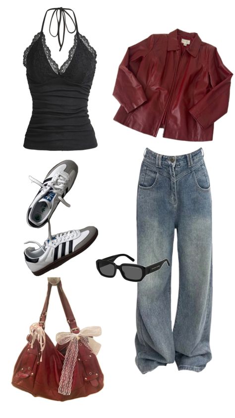 aesthetic outfits, red leather bag Red Aesthetic 2000s, Clothes Aesthetic Names, Streetwear Fashion Women Aesthetic, Dark Red Fashion Aesthetic, 2000s Fits Aesthetic, Dressing Outfit Ideas Women, 2000s Clothes Aesthetic, Dark Red Aesthetic Clothes, Swaggy Outfits 2000s