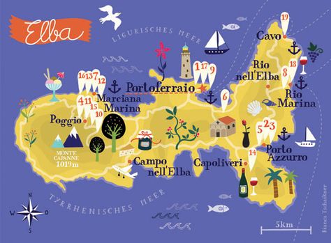 Illustrated Map of Elba on Behance Elba Italy, Tuscany Italy Travel, Elba Island, Retro Map, Illustrated Maps, Pictorial Maps, Map Illustration, Travel Things, Travel Around Europe