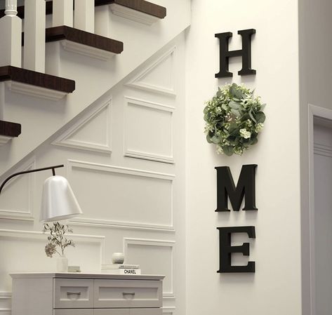 Home Letters With Wreath, Staircase Wall Decor, Letter Wall Decor, Staircase Wall, Artificial Eucalyptus, Nature Wall Decor, Wooden Home, Room Update, Accent Wall Decor