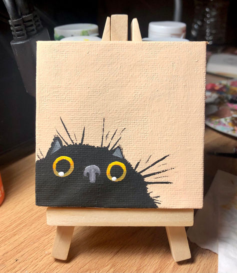 Hand painted acrylic miniature painting on 3x3 inch canvascomes with a easelor a magnetic backing (optional) Cat Drawing Canvas, How To Paint A Cat Easy, Cats Canvas Painting, Black Cat Canvas Painting, Cute Cat Canvas Painting Easy, Mini Canvas Art Cat, Mini Cat Painting, Diy Cat Painting, Painting Ideas On Canvas Cat