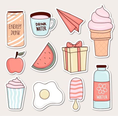 Set of colorful cute stickers | Premium Vector #Freepik #vector #cute-element #cute-hand-drawn #cartoon-icon #cute Diy Stickers Ideas Draw, Trendy Patches, Cute Small Drawings, Scrapbooking Vintage, Preppy Stickers, Bullet Journal Mood Tracker Ideas, Anime Drawing Books, Diy Ice Cream, Bullet Journal Diy