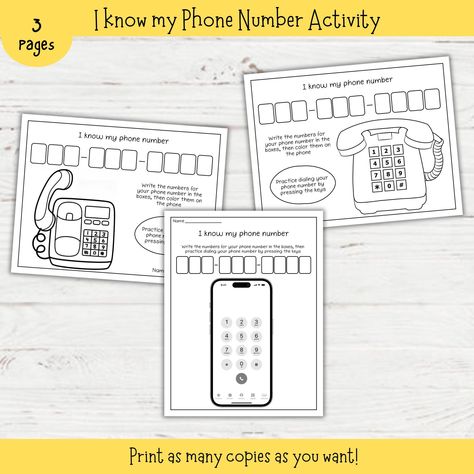 Make learning a phone number fun! This worksheet is a great way for little ones to practise writing their full phone number, pressing numbers on a phone screen and number recognition. This pack comes with 3 activity sheets (3 different types of phones) and will be available to download immediately after purchase. Print as many as you like! ★ THIS IS A DIGITAL PRODUCT, NO PHYSICAL PRODUCT WILL BE SHIPPED ★ If you have any problems or questions about the product, please feel free to contact me. I Phone Number Practice, Number Practice, Number Activities, Homeschool Learning, Number Worksheets, Number Recognition, Writing Numbers, Activity Sheets, Writing Practice