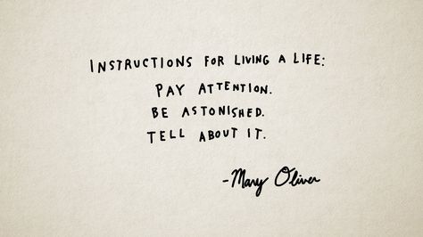 "Instructions for living a life:  Pay attention. Be astonished. Tell about it." -Mary Oliver Mary Oliver Quotes, Mary Oliver Poems, Therapy Quotes, Poems About Life, Commonplace Book, Shopping Quotes, Lovely Quotes, Mary Oliver, Literature Quotes