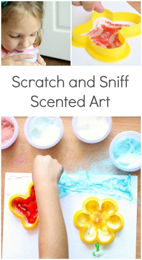 Scratch and Sniff Scented Art Activity for Kids...this would be great for an art center, after school activity for Five Senses theme Montessori, Shell Activities, Preschool Senses, 5 Senses Craft, 5 Senses Preschool, Senses Art, Five Senses Preschool, 5 Senses Activities, Art Activity For Kids