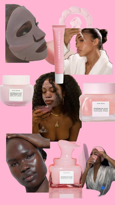 Skin care glass skin black women clear complexion Glass Skin Black, Pink Skincare Aesthetic, Clear Skin Routine, Pink Skincare, Watermelon Glow Sleeping Mask, Face Skin Care Routine, Clear Glowing Skin, Skincare Aesthetic, Clear Skin Tips