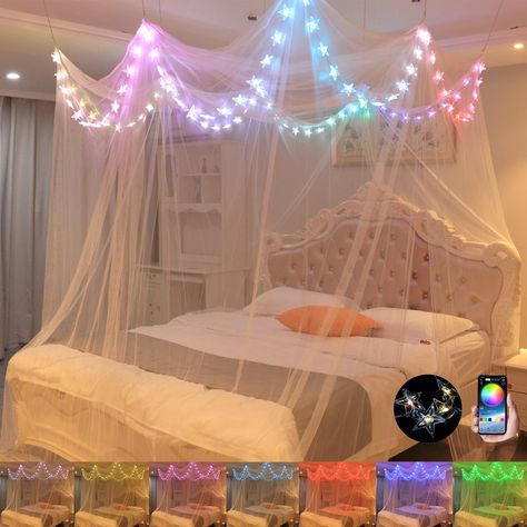 PRICES MAY VARY. 【Bed Canopy with Lights】The perfect combination of bed canopy and RGB color changing fairy star string lights, which will make any bed like a princess bed. There are 100 shining stars accompany you to sleep, glowing in the dark at night. Lay with your little princess and look at the stars together before bed. Making unforgettable memories that last a life time. 【LIGHTS FOR ROOM DECOR】With a stable connection,control your LED lights,freely change in 16 million colors,Easily selec Princess Girls Bedroom, Mosquito Net For Bed, Canopy Bed Curtain, Bed Canopy With Lights, White Canopy Bed, Girls Princess Bedroom, Fairy Star, Led Star Lights, Bed Curtain