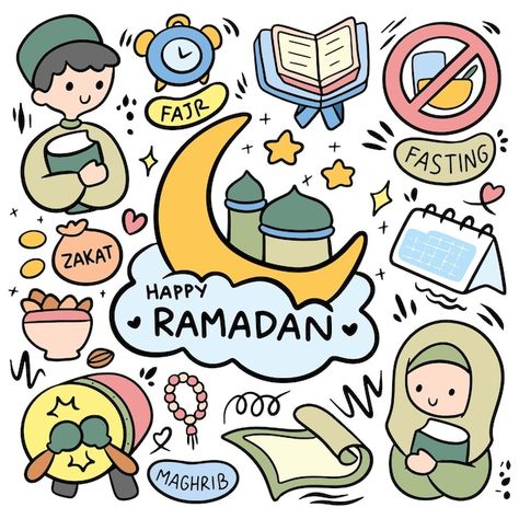 Cute hand drawn ramadan doodle clip art ... | Premium Vector #Freepik #vector #mosque-illustration #ramadan-greeting #ramadan-design #ramadan-card Kawaii, Ramadan Calender, Poster Ramadhan, Ramadhan Kareem, Ramadan Cards, Ramadan Kareem Pictures, Art Vector Illustration, Ramadan Poster, Ramadan Kids