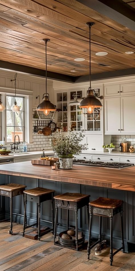 Wooden Top Island Kitchen, Farmhouse Butcher Block Kitchen, Farmhouse Kitchen With Wood Ceiling, Butcher Block Island With Stove, Kitchen With Big Island With Seating, Natural Kitchen Design Earth Tones, Kitchen Table Island Ideas, Seating Island Kitchen, Kitchens 2024 Ideas