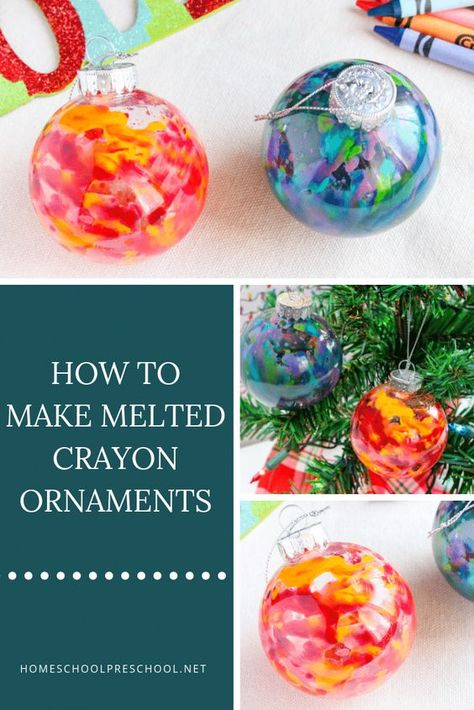 Crayon Tree Ornaments, Natal, Crayon Art Melted Ornaments, Make Your Own Ornaments Ideas, Melted Crayon Ornaments, Christmas Decorations To Make With Kids, Simple Ornaments Diy Kids, Decorating Ornaments Ideas, Clear Plastic Ornament Ideas For Kids