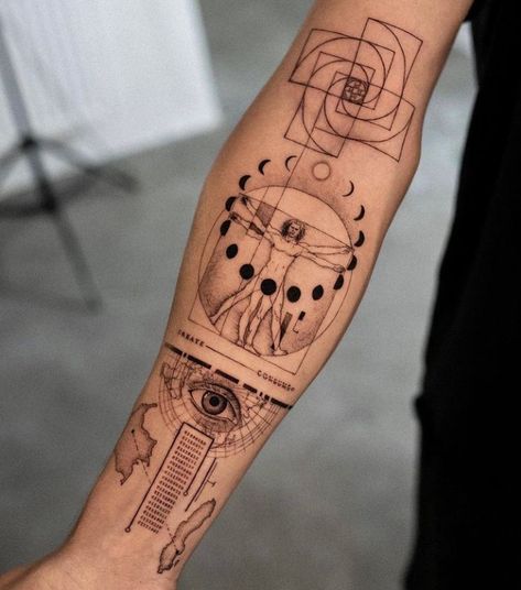 Tattoo Inspiration, Binary Tattoo, Vitruvian Man Tattoo, 01 Tattoo, Moon Phases Tattoo, Geometric Tattoo Design, Inspiration Tattoos, Greek Tattoos, Hand Tattoos For Guys