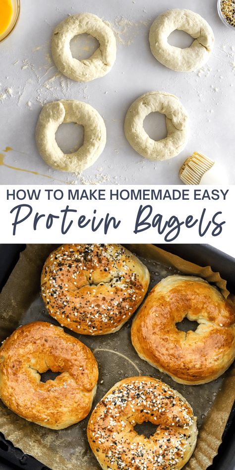 You can make protein bagels right at home with just 3 simple main ingredients. These bagels have 10 grams of protein each and are made with cottage cheese, flour, and baking powder. They come together quickly and can be made in the air fryer or oven. Great for breakfast or lunch any day of the week! Customize the toppings or make them gluten-free! Essen, Air Fryer Bagel Breakfast, Air Fryer Cottage Cheese Bagels, Protein Snacks Air Fryer, 3 Ingredients Bagels, Protein Bagels With Greek Yogurt, Cottage Cheese Bagels In Air Fryer, Easy Breakfast Bagel Ideas, Gluten Free Protein Bagels