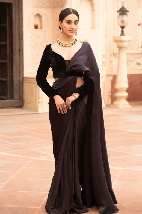 Buy Soniya G Brown Silk Pre-draped Saree With Blouse Online | Aza Fashions Brown Silk Saree, Black Velvet Blouse Design, Velvet Blouse Design, Saree Jacket, Saree Jacket Designs, Black Velvet Blouse, Velvet Saree, Saree Jackets, Pleated Saree