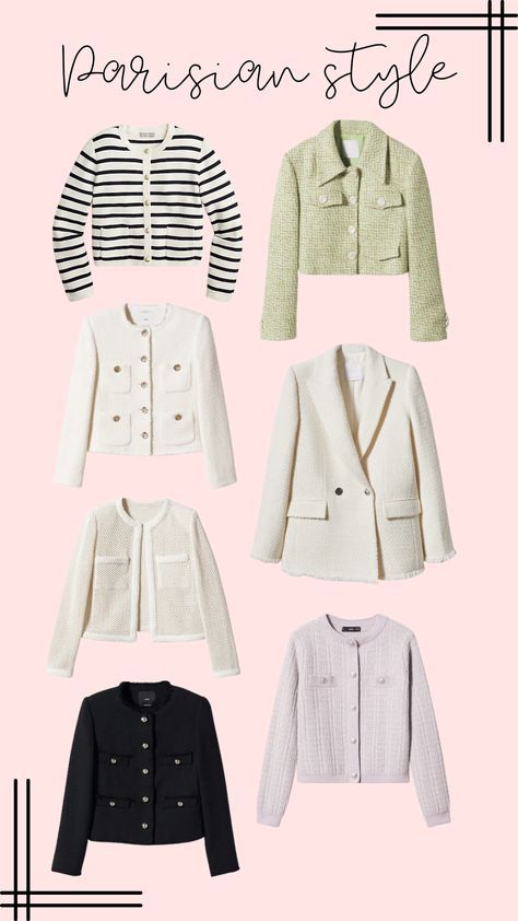 Collage of textured blazers and tweed jackets for spring. Parisian Classic Style, White Button Down Office Outfit, Boucle Jacket Outfit Casual, Tweed Cropped Blazer Outfit, White Chanel Blazer Outfit, Spring Tweed Jacket Outfit, Tweed Jacket Work Outfit, Cardigan Blazer Outfit, Parisian Blazer Outfit