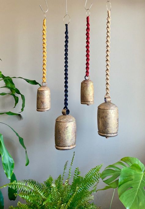 Brass BELLS or VANESSA With Pot//jute Macramé Plant Hangers | Etsy Hippies, Macrame Bell, Design Yoga Studio, Boho Planters, Hangers Design, Hippie Crafts, Jute Macrame, Macrame Wall Hanging Patterns, Hanger Design