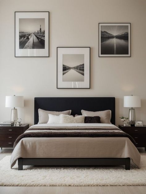 Create a stunning bedroom focal point by displaying a collage of your favorite photographs or artwork on the wall. Complement the collage with a sleek, minimalist bed frame and a plush faux fur rug for a stylish and contemporary touch. Minimalist Bed Frame Ideas, Bedroom Inspirations Charcoal Headboard, Black Bed Cream Bedding, Room Ideas Black Bed Frame, Bedroom Inspo Black Bedframe, Black Bedroom Decor For Men, Black Platform Bedroom Ideas, Black And Beige Bedding, Modern Cream Bedroom