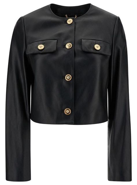 Women's Versace Cropped Leather Jacket - Black - Leather jackets Versace's leather jacket has been made in Italy in a boxy, collarless profile reminiscent of ladylike tweed styles. It's accented with gold-tone 'Medusa' buttons and has a smooth lining that's jacquard-woven with a tonal 'Barocco' motif. Day or night, styling is easy. Manche, Versace Jacket Women, Versace Leather Jacket, Versace Blazer, Versace Coat, Black Cropped Jacket, Versace Leather, Versace Jacket, Blazer And Skirt Set