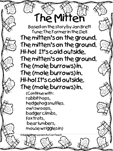 So to accompany the book: The Mitten ~ sung to the tune of "The Farmer in the Dell" Winter Theme Preschool, Jan Brett, Winter Songs, Winter Classroom, Winter Kindergarten, The Mitten, Preschool Music, Finger Plays, Creative Curriculum