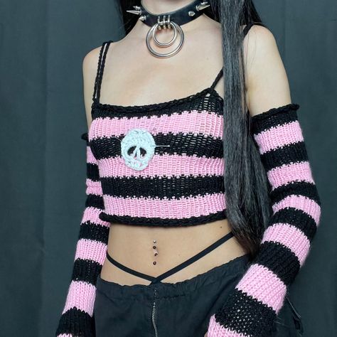 Available on my depop🥀 knitted crochet gothic alternative emo grunge aesthetic halloween fairy fairycore festival rave handmade cami long arm warmers thumb holes safety pin Amigurumi Patterns, Ripped Crochet Top, Crochet Emo Clothes, Grudge Crochet, Crochet Gothic Top, Valentines Crochet Clothes, Crochet Top Grunge, Punk Rock Crochet, Alt Crochet Top