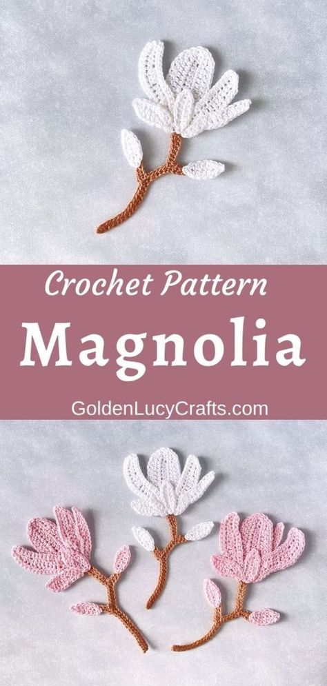 Crocheted white and pink magnolia appliques. Amigurumi Patterns, Magnolia Flower Crochet Pattern, Crochet Embellishments Clothing, Magnolia Crochet Pattern, Flat Flower Crochet Pattern, Crochet Magnolia Flower Free Pattern, Free Crochet Animal Applique Patterns, Crochet Applique Flowers, Crochet Flat Flower Pattern Free