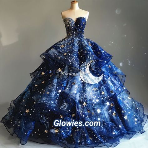 Moon Themed Ball Gown, Celestial Wedding Dress Blue, Galaxy Quinceanera Dresses, Moon And Star Dress, Galaxy Themed Dress, Under The Stars Quinceanera Dress, Moon Themed Dress, Night Themed Dress, Space Wedding Dress