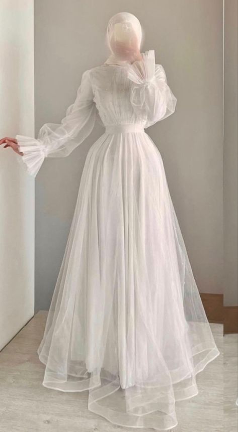 #hijab #hijabfashion #aesthetic #wedding #weddingdress #dress #married #wife #muslim #muslimahfashion Bride Dresses Aesthetic, Simple Wedding Dresses For Hijab, Aesthetic Simple Wedding Dress, Aesthetic Wedding Dress Simple, Modest Hijabi Prom Dresses, Hijab Gown Dresses, Dresses For Hijabi Women, Wedding Dress For Hijab, Bride Dress Hijab