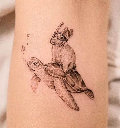 Rabbit And Turtle Tattoo, Turtle Ying Yang Tattoo, Turtle Rabbit Tattoo, Easy Turtle Tattoo, Turtle And Bunny Tattoo, Turtle Shadow Tattoo, Turtle And Rabbit Tattoo, Indigenous Turtle Tattoo, Watercolour Turtle Tattoo