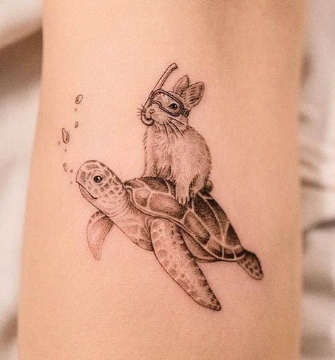 Rabbit And Turtle Tattoo, Turtle Rabbit Tattoo, Turtle Best Friend Tattoos, Watercolor Animals Tattoo, Black And White Turtle Tattoo, Turtle And Rabbit Tattoo, Tasmania Tattoo Ideas, Turtle Sleeve Tattoos For Women, Cool Rabbit Tattoo