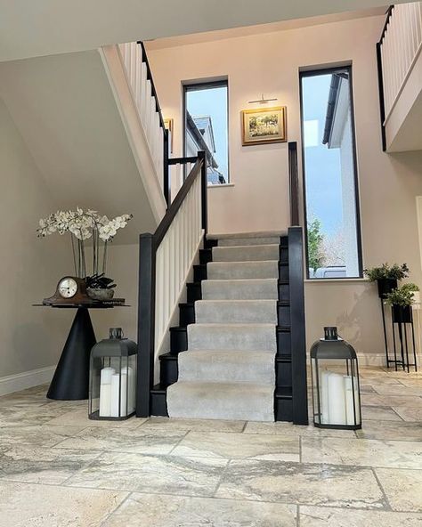 White Hallway Ideas, Black And White Hallway, Black And White Stairs, Stair Designs, Stair Renovation, Entryway Stairs, White Staircase, Dream House Aesthetic, Black Stairs