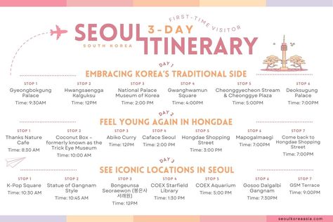 Seoul Itinerary 4 Days, Seoul Checklist, Seoul 3 Days, Seoul 5 Days Itinerary, Korea Itinerary 5 Days, Seoul To Do List, Japan And South Korea Itinerary, 3 Days In Seoul, South Korea Itinerary One Week